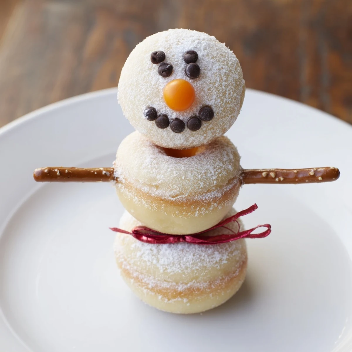 Get a closer look at these fun Mini Donut Snowman stacks, perfectly detailed with candy and fruit leather scarves!