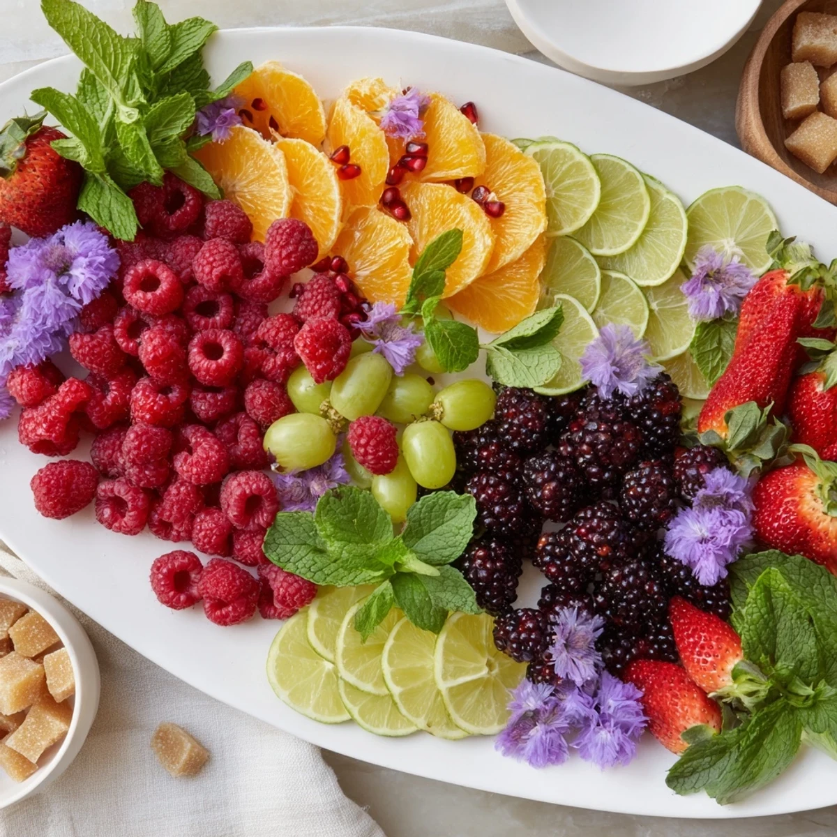 A photo shows a vibrant bubbly bar garnish platter with fresh fruit ready to enhance your sparkling wine.
