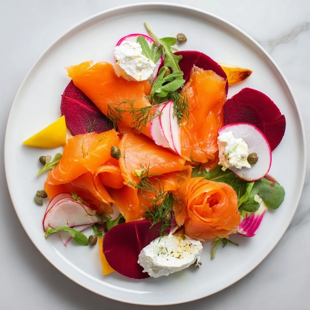 This Winter Harvest Smoked Salmon Board presents a delicious spread of smoked salmon alongside colorful vegetables and creamy cheeses.