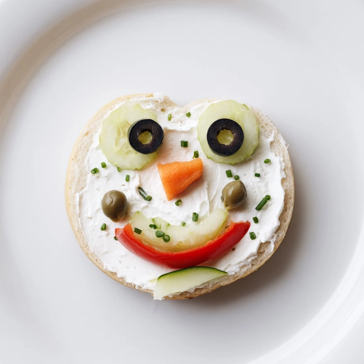 Snowman mini bagel sandwiches, fun and festive with olive eyes, carrot noses, ready for lunch.