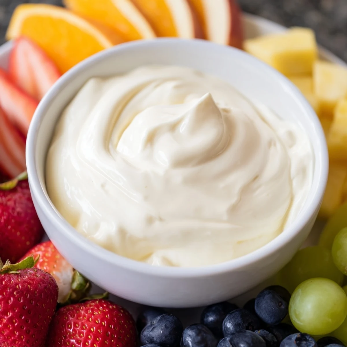 Creamy cream cheese fruit dip in a bowl surrounded by colorful strawberries, grapes, and melon.