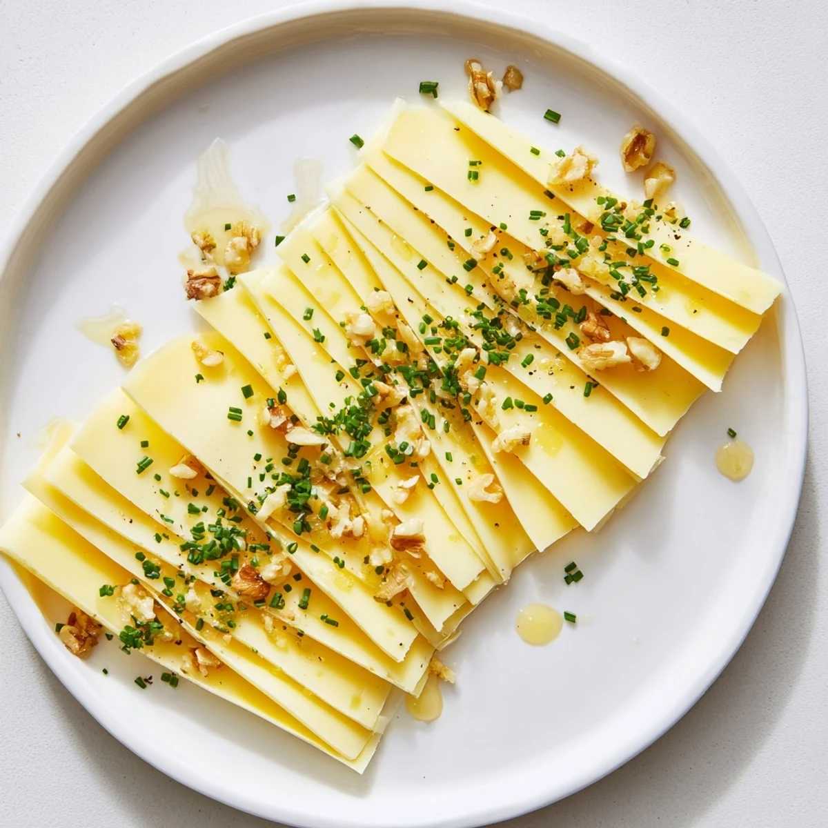 Delicious Swiss cheese slices arranged in a fan, ready to serve as a simple appetizer.