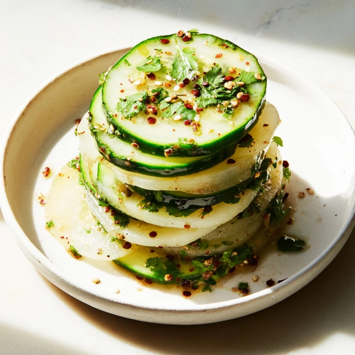 Dieser erfrischende Jicama und Gurkenscheiben-Stapel wird verfeinert mit einem spritzigen Chili-Limetten-Dressing, ideal für heiße Tage.