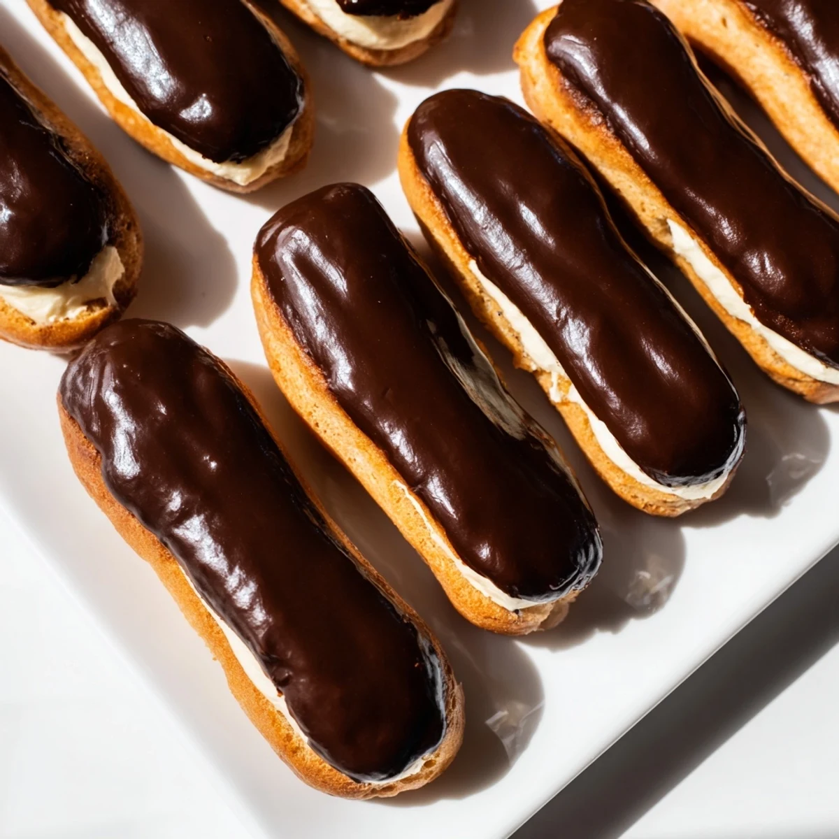 Freshly glazed mini chocolate éclairs arranged on a plate—a tempting treat made easy.