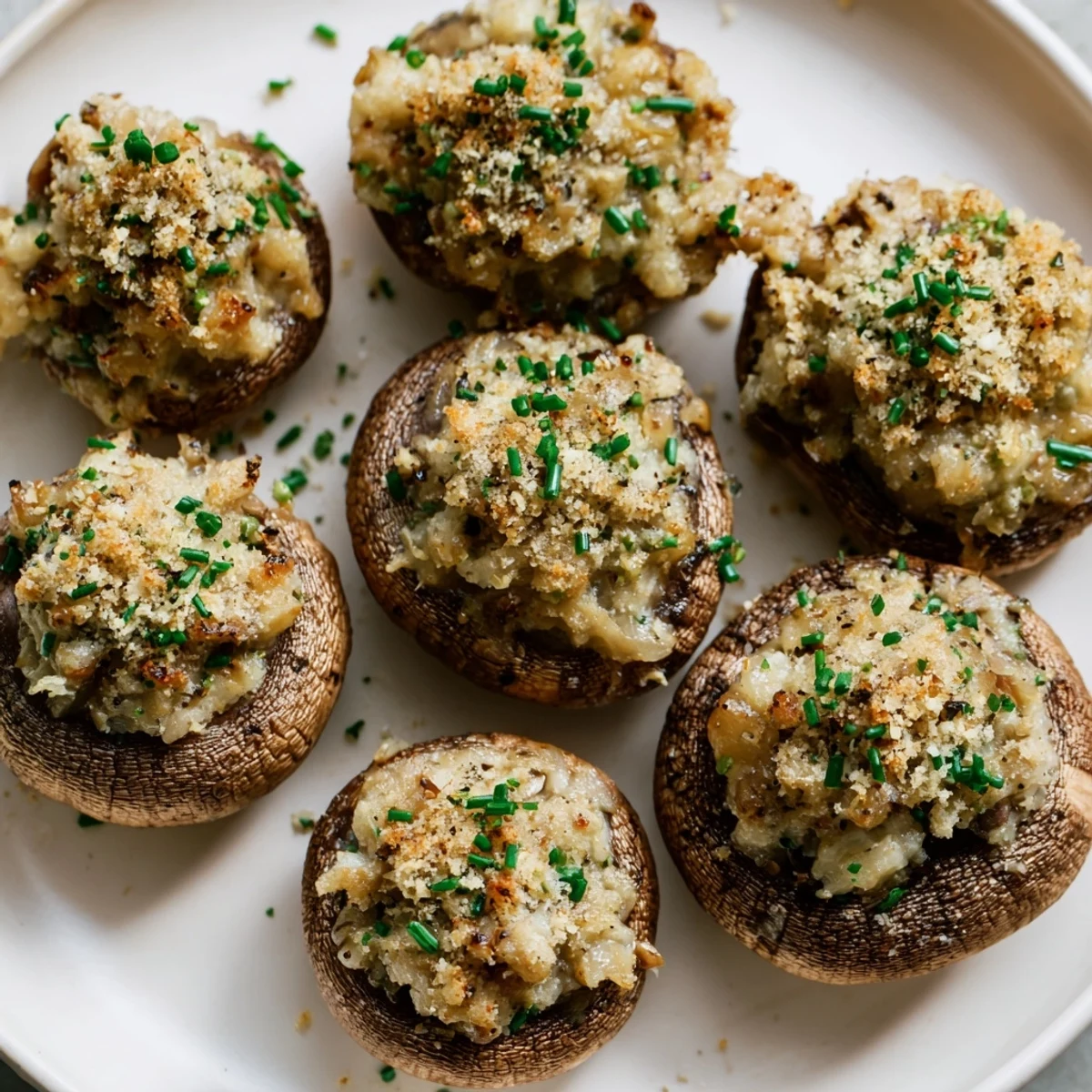 Golden-brown stuffed mushroom caps arranged in ring, a savory appetizer ready to serve.