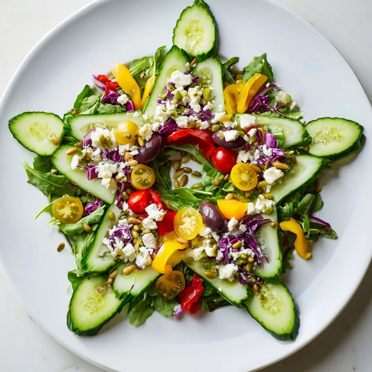 Star of David Salad Platter bursting with colorful veggies and creamy feta, ready to serve.