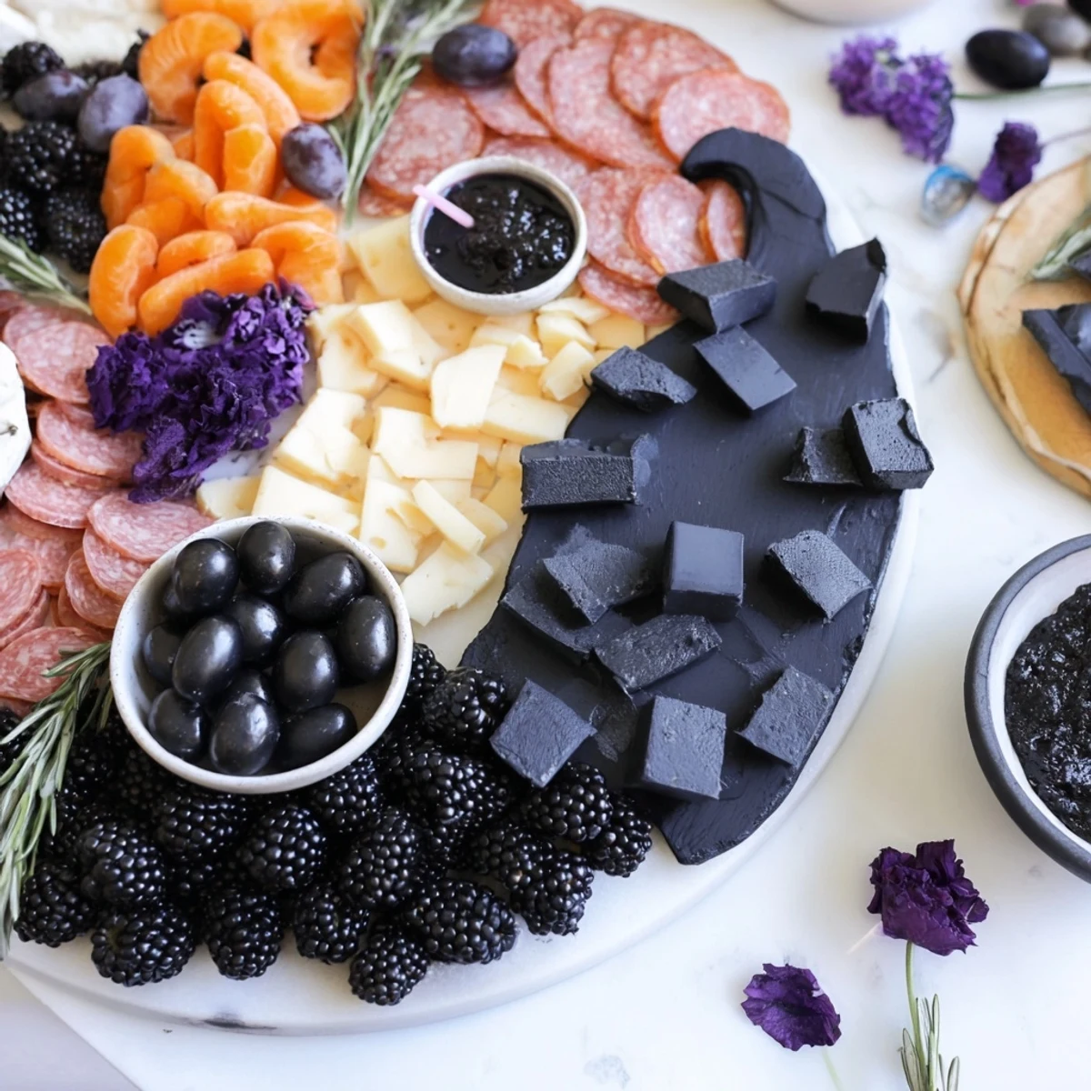 A spooky Ghostly Outline Halloween Charcuterie Board overflowing with cheese, meats, fruits, and olives.