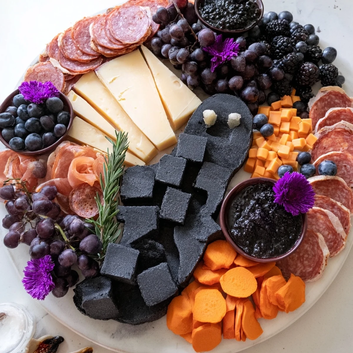 This vegetarian Ghostly Outline Halloween Charcuterie Board features black grapes and tapenade, ready to serve!