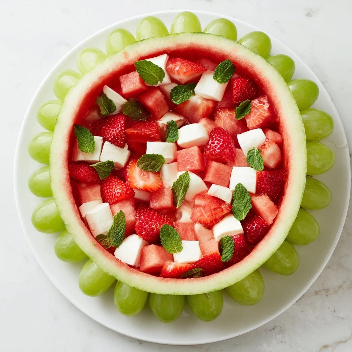 Vibrant Summer Watermelon Slice appetizer with juicy watermelon, cheese, and grapes, perfect for summer.