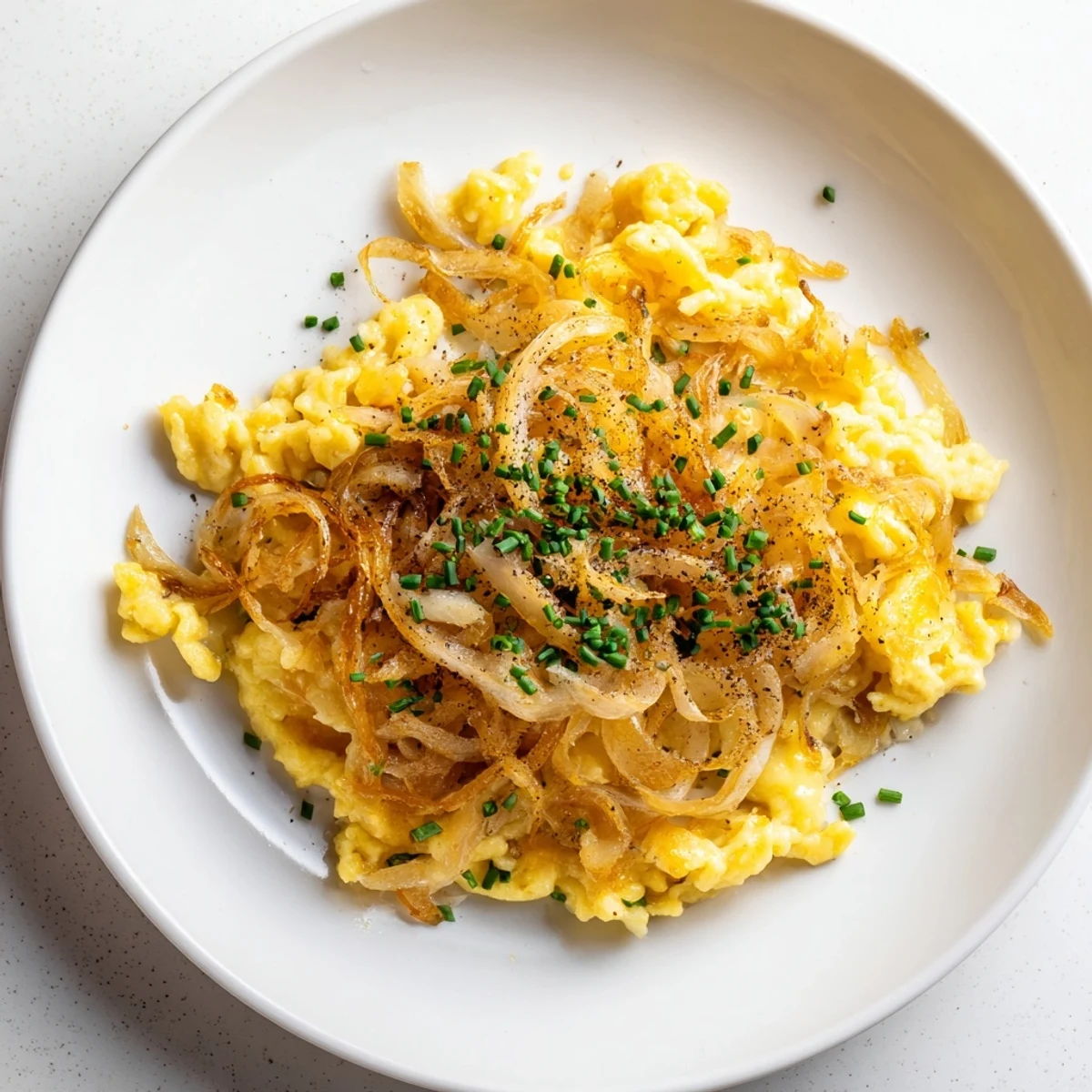 A close-up of creamy, cheesy Käsespätzle, topped with caramelized onions ready to enjoy.