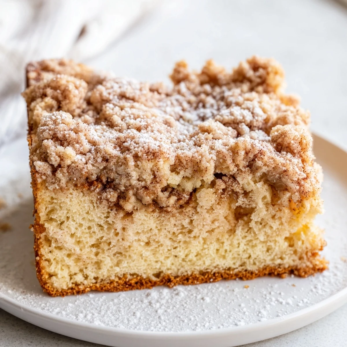 Warm, golden German Crumb Cake, a perfect dessert, topped with cinnamon streusel crumbs.
