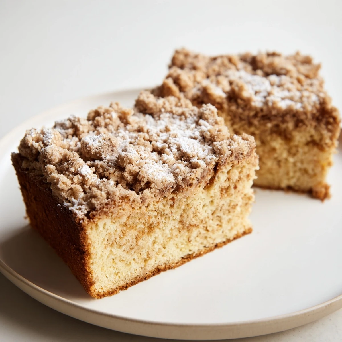 This close-up shot of German Crumb Cake reveals a tender, buttery yeast base and crumb topping.
