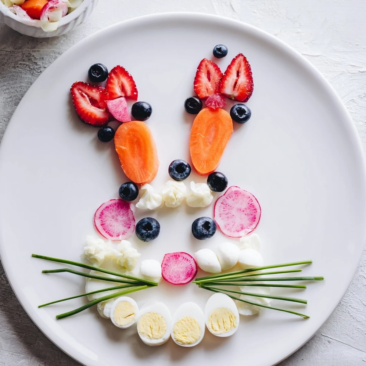 A vibrant Bunny Silhouette platter filled with colorful pink and white ingredients, perfect for Easter.