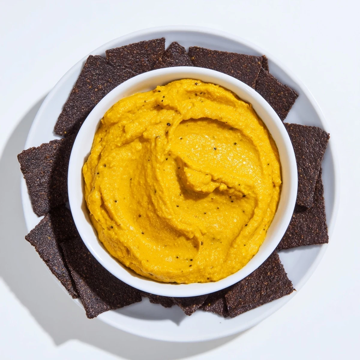 A beautiful plate of Midnight Sun features a vibrant carrot dip surrounded by black crackers.