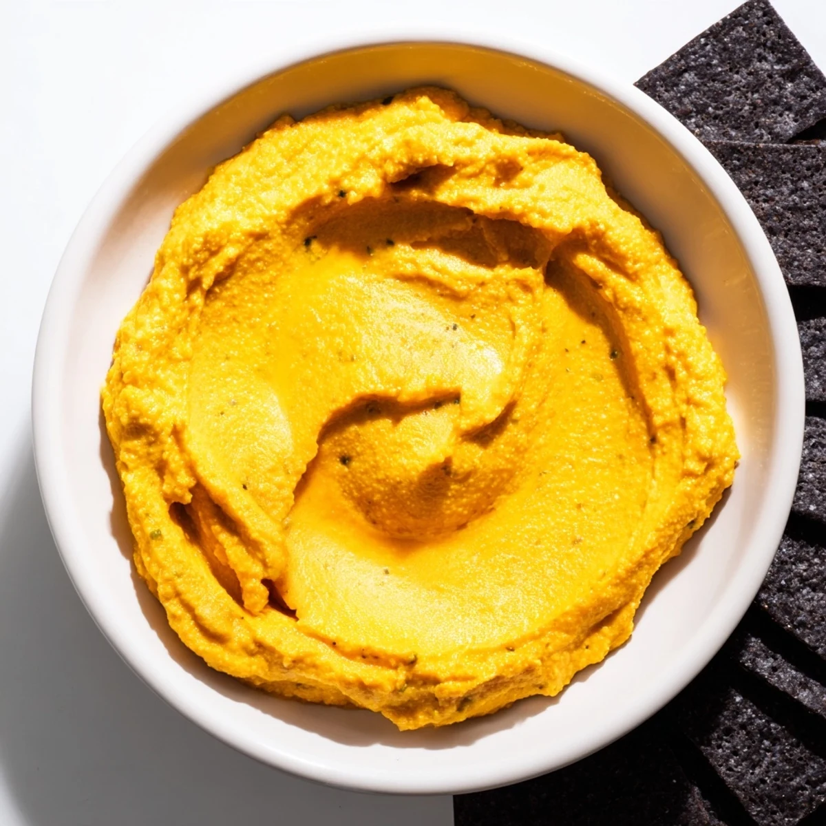 This Midnight Sun appetizer shows a creamy carrot dip surrounded by contrasting black cracker.
