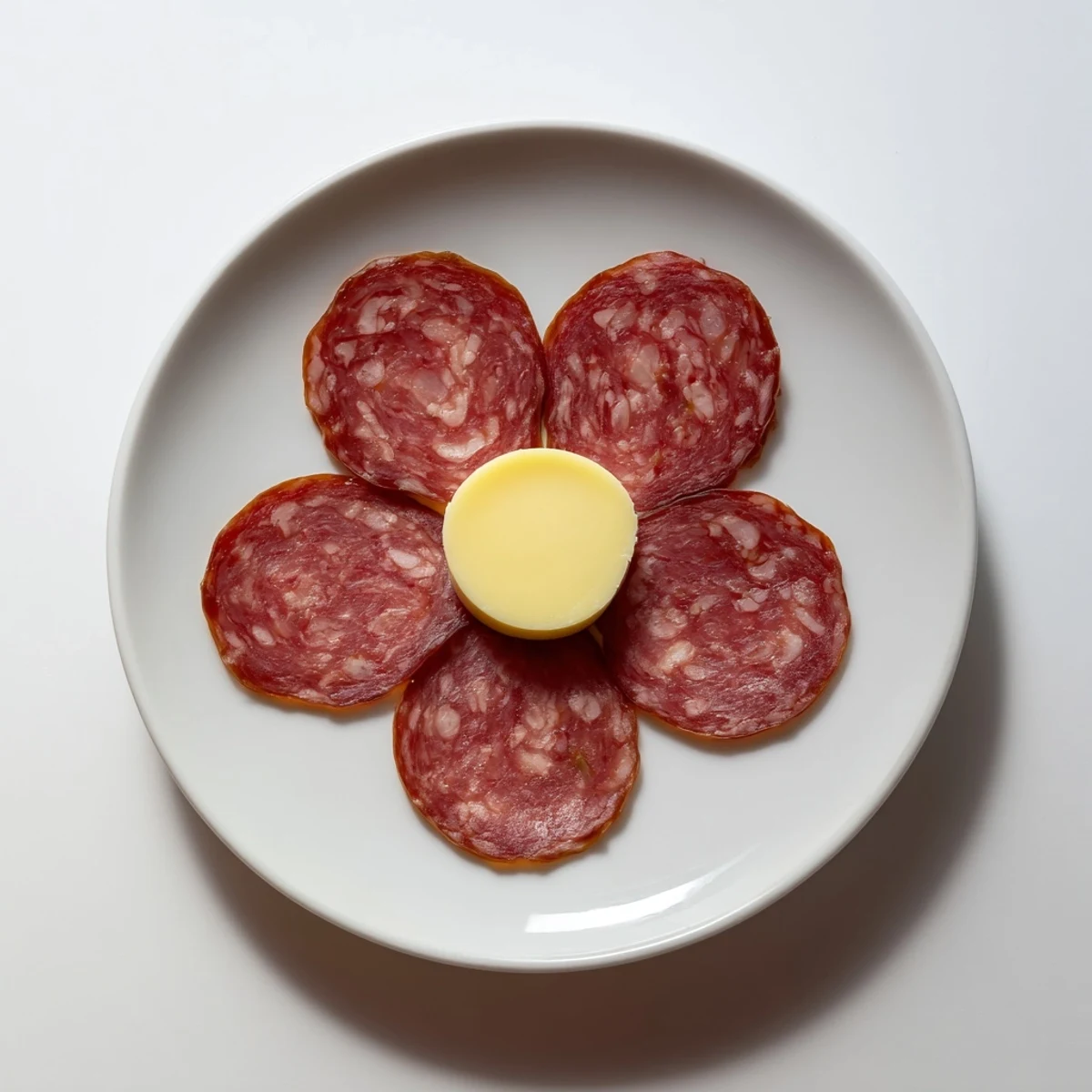 For entertaining, a beautiful Tudor Rose appetizer: five salami petals surround a yellow cheese button.
