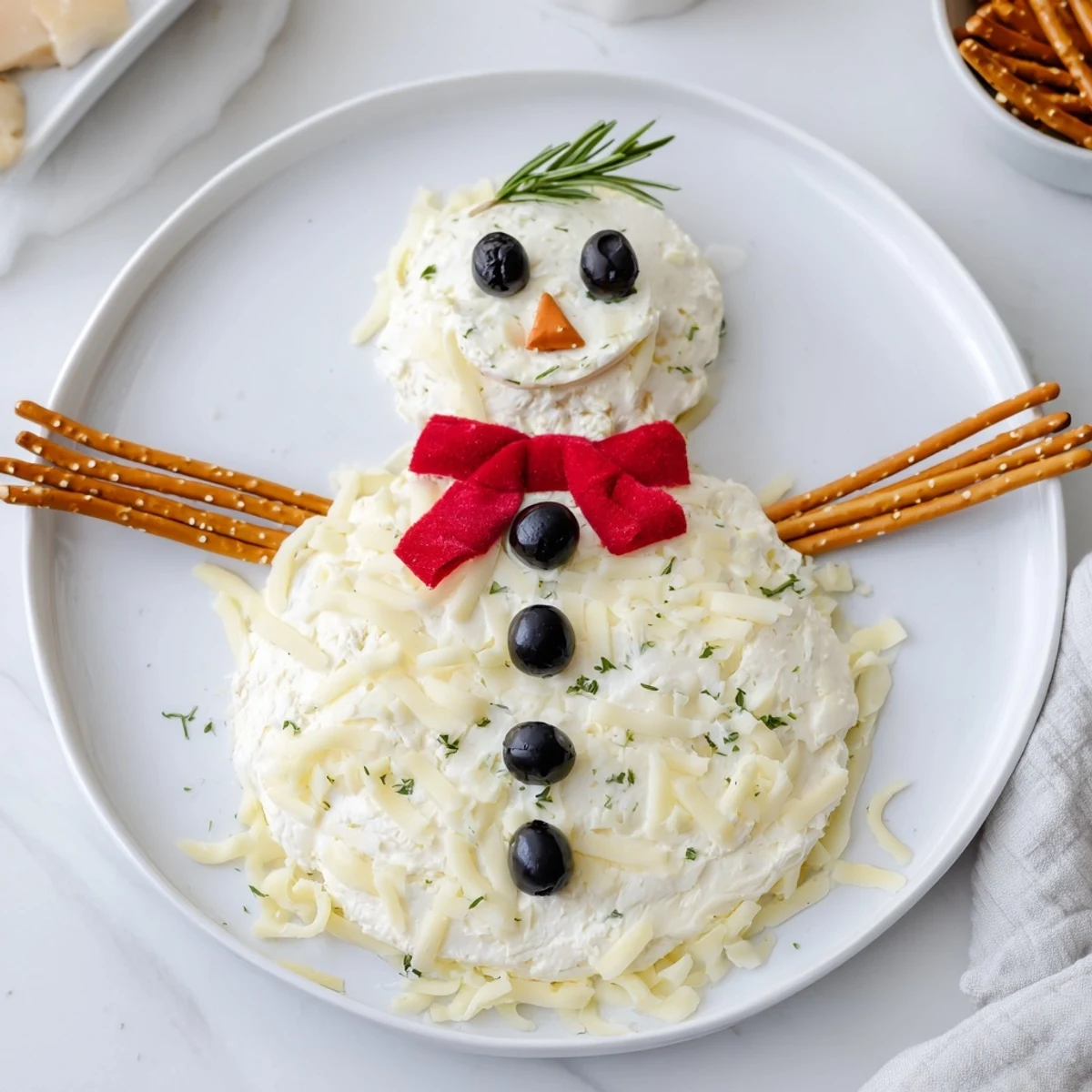 Melted Snowman Cheese Bites appetizer on a platter, creamy snowmen with olive eyes and carrot noses.