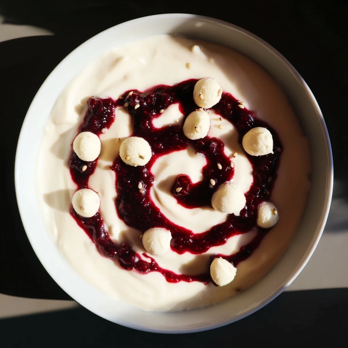 Galaxy Spiral dessert showcases dark berry swirls in creamy yogurt with goat cheese stars.