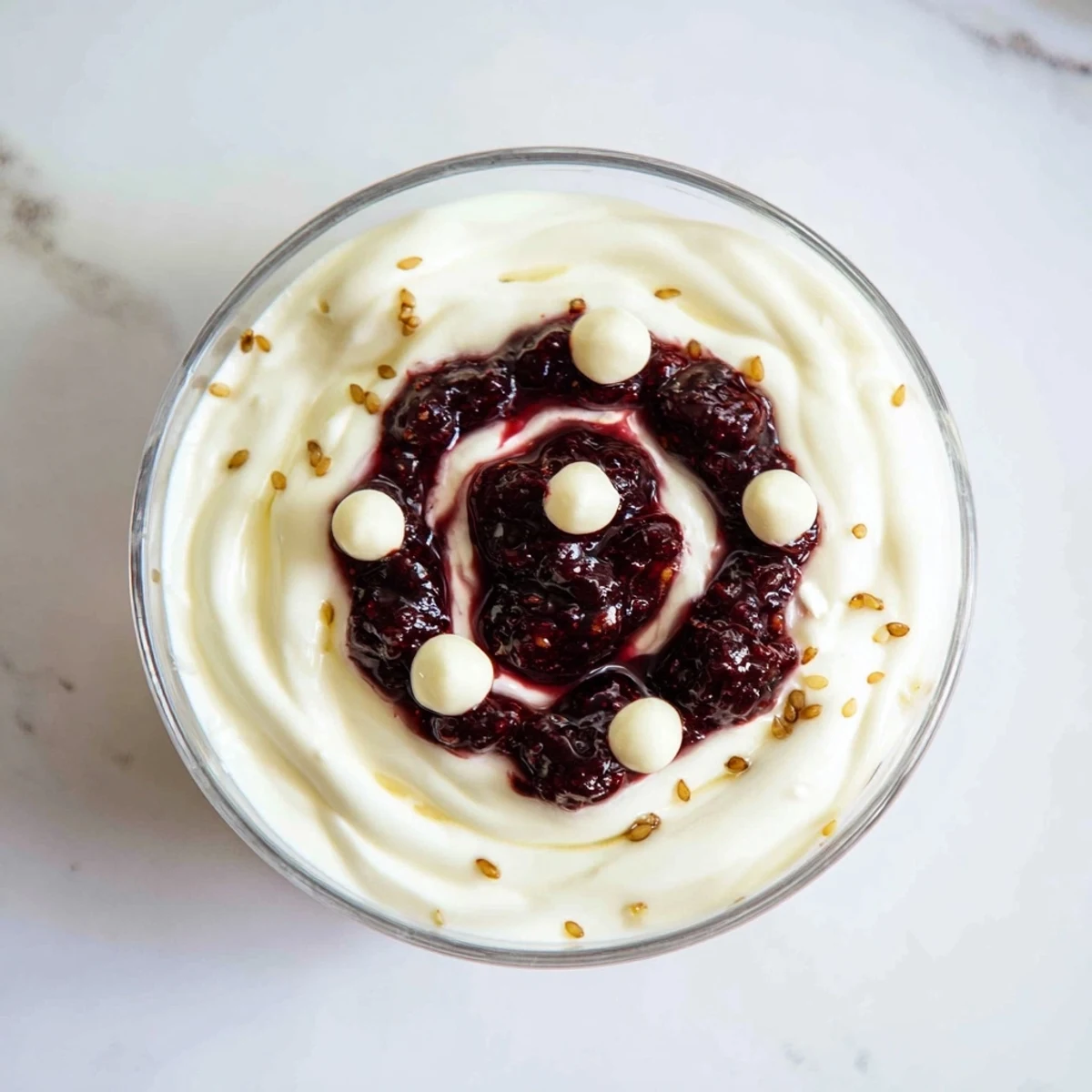 A beautiful Galaxy Spiral recipe with sesame stars and berry jam in a yogurt creation.