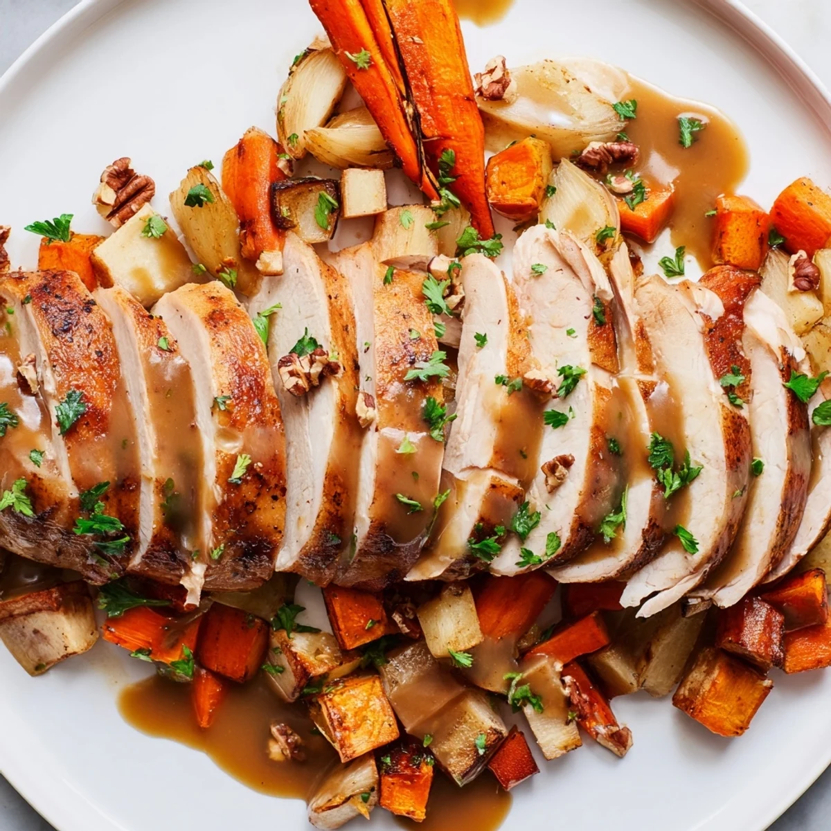 Golden-brown slices of Turkey nestled with colorful roasted root vegetables in the Chains of the Mayflower recipe.
