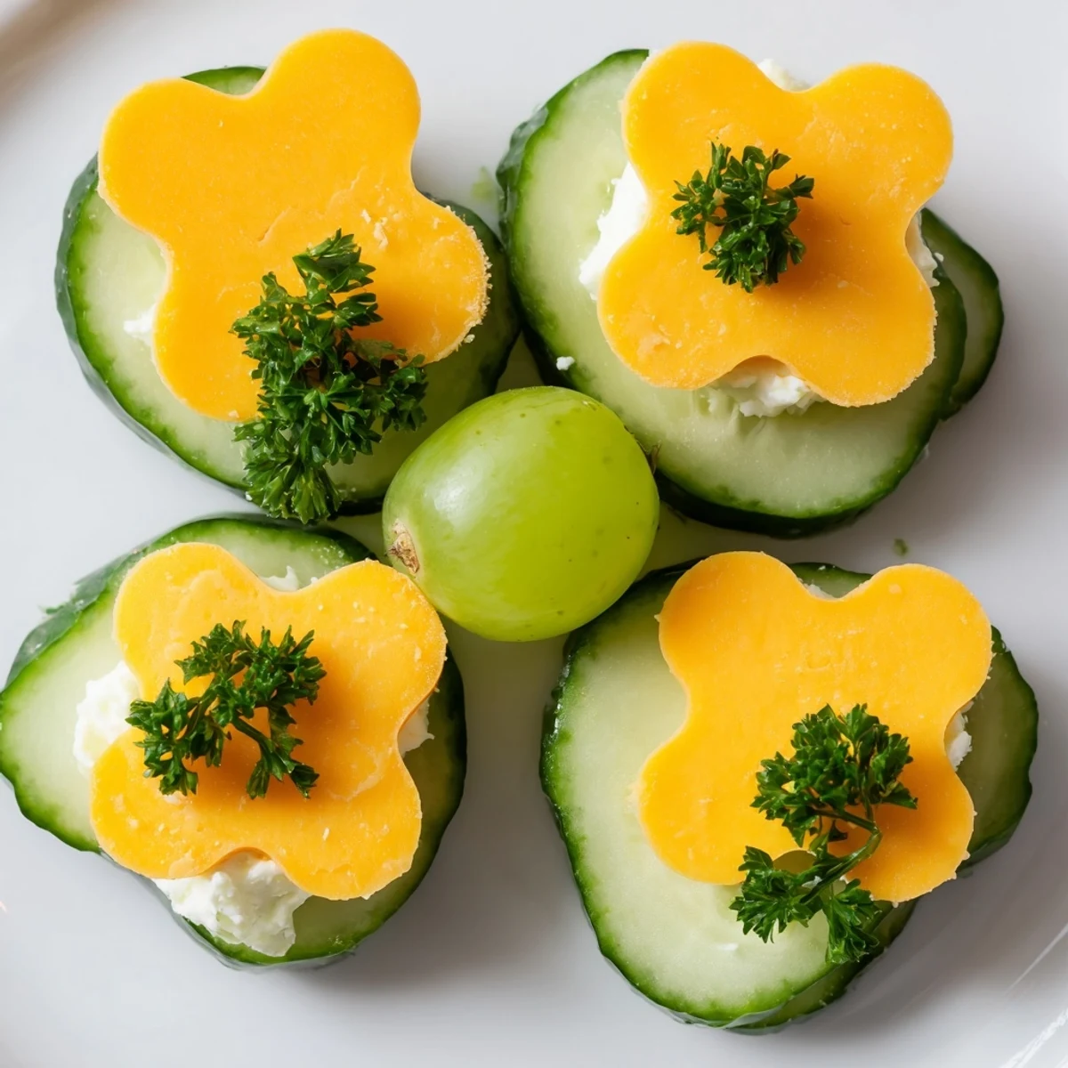A close-up of a vibrant Lucky Four-Leaf Clover Snack, with halved grape centers and celery stems.