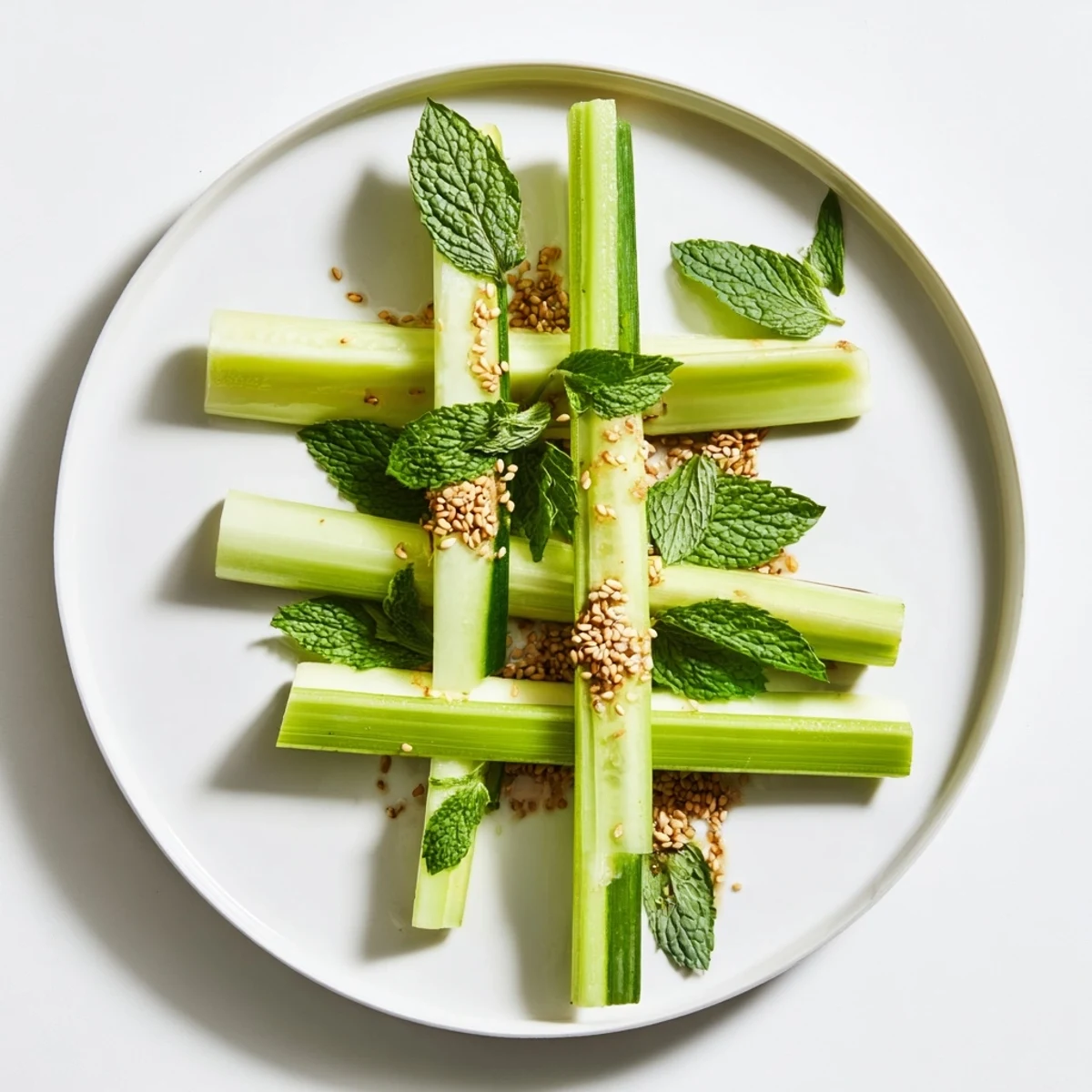 Knackige Stangen vom Bamboo Zen Appetizer, kunstvoll angerichtet mit Gurke und Sellerie, perfekt zum Dippen.