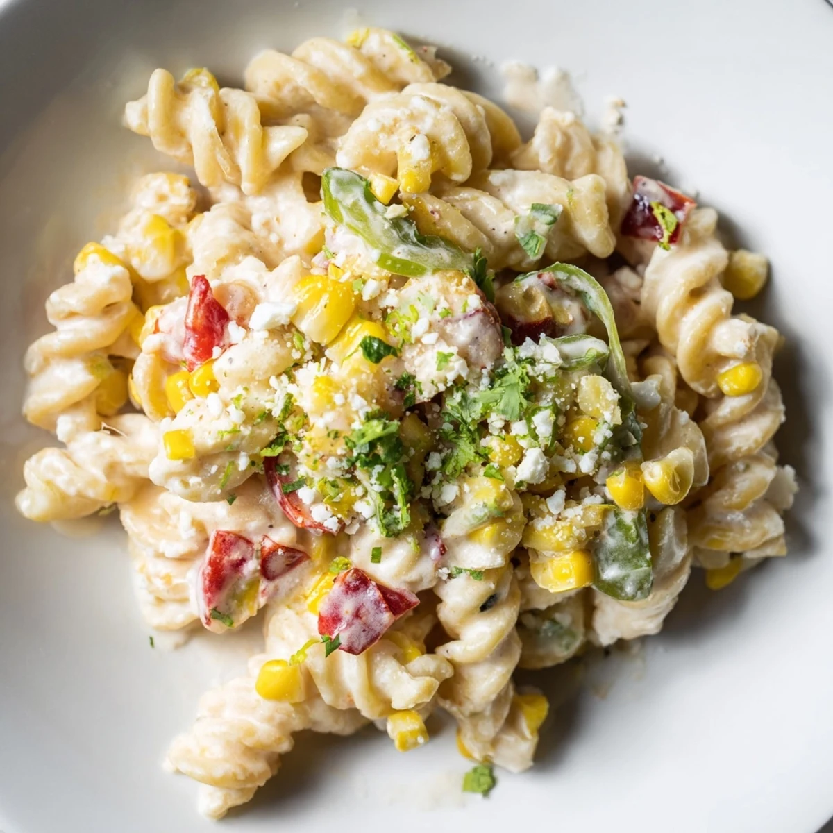 A photo of flavorful One-Pot Mexican Street Corn Pasta, ready to serve with lime wedges.