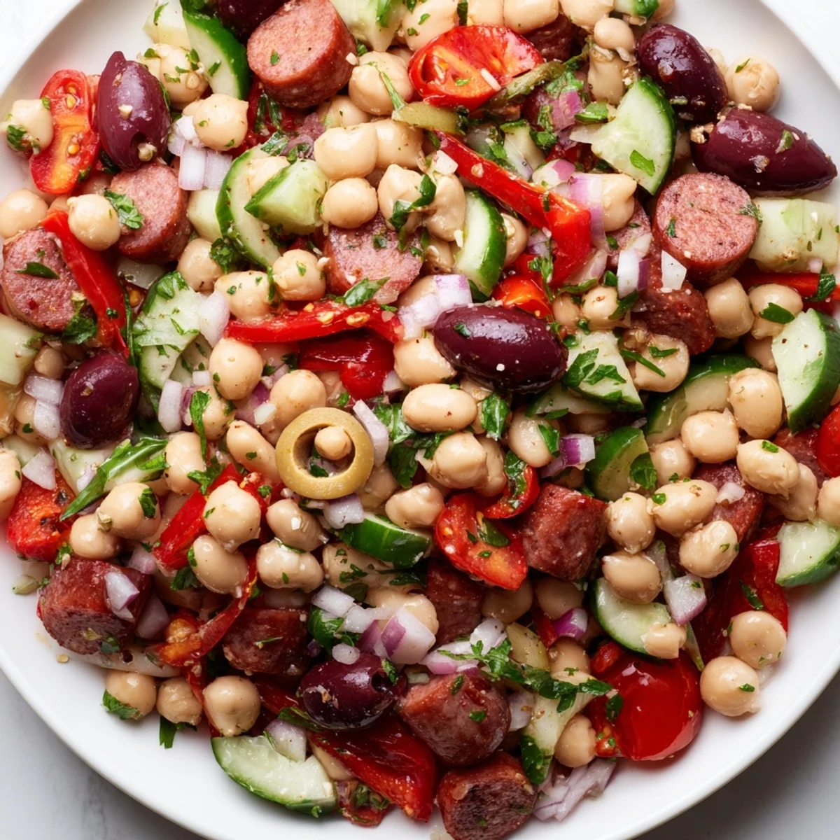 Mediterranean Dense Bean Salad with Salami, a colorful salad with salami, olives, and fresh herbs, ready to serve.