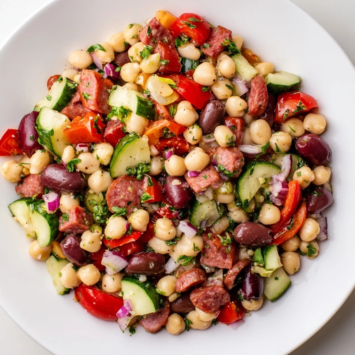 A refreshing bowl of Mediterranean Dense Bean Salad with Salami, boasting vibrant vegetables and savory salami.