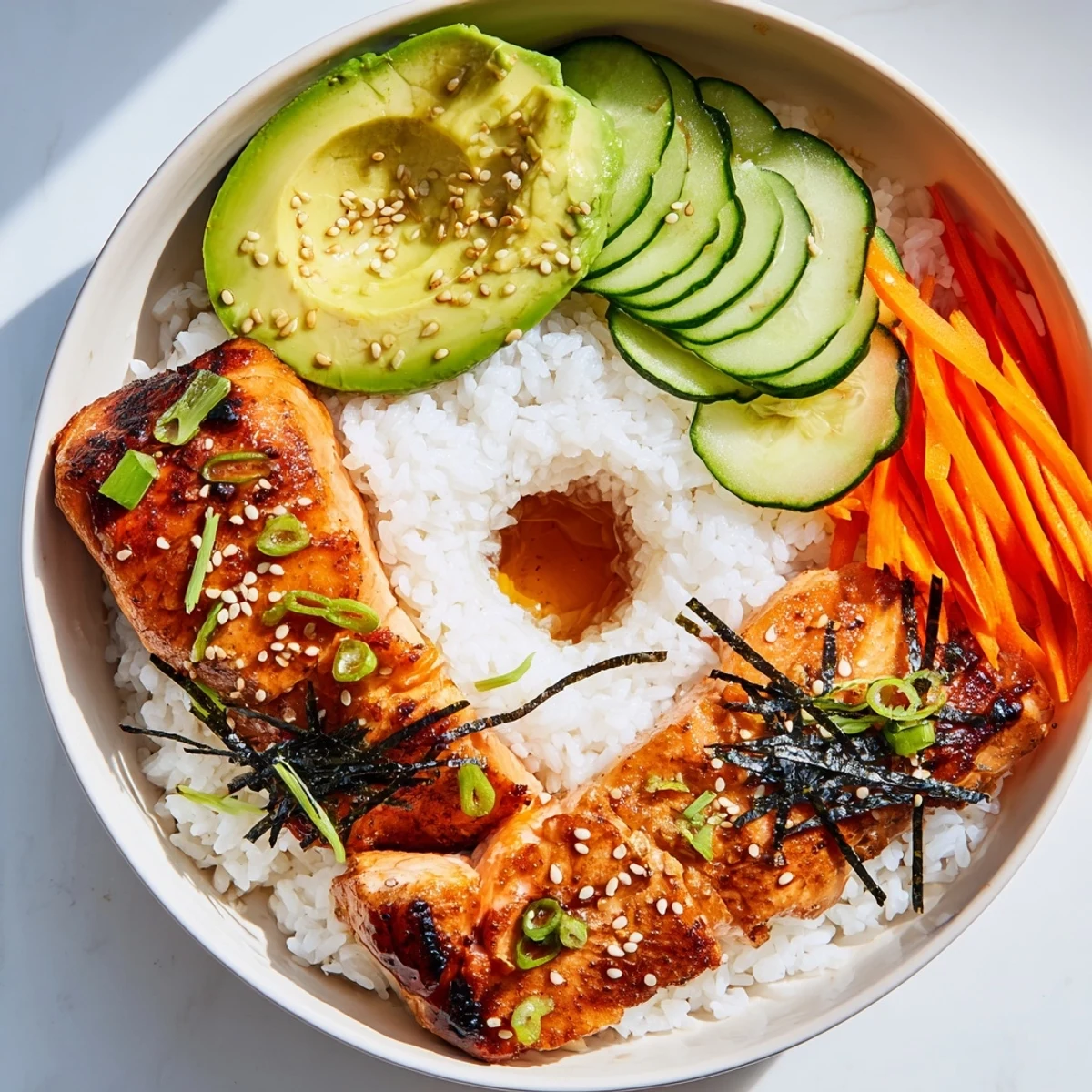 Japanese-Style Salmon & Chicken Rice Bowl with flaked salmon and sliced chicken, steaming rice.