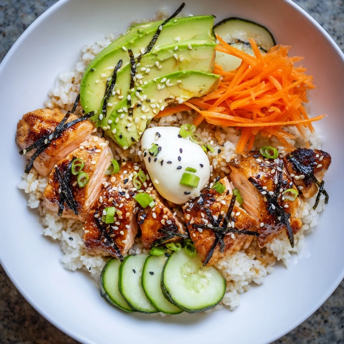 Close-up of a delightful Japanese-Style Salmon & Chicken Rice Bowl with avocado and sesame seeds, ready to enjoy.
