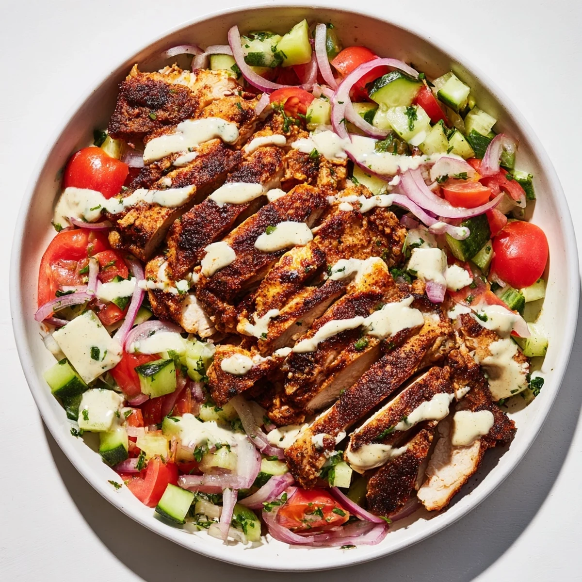 Juicy grilled chicken shawarma salad, bursting with fresh tomatoes, cucumber, and creamy tahini dressing.