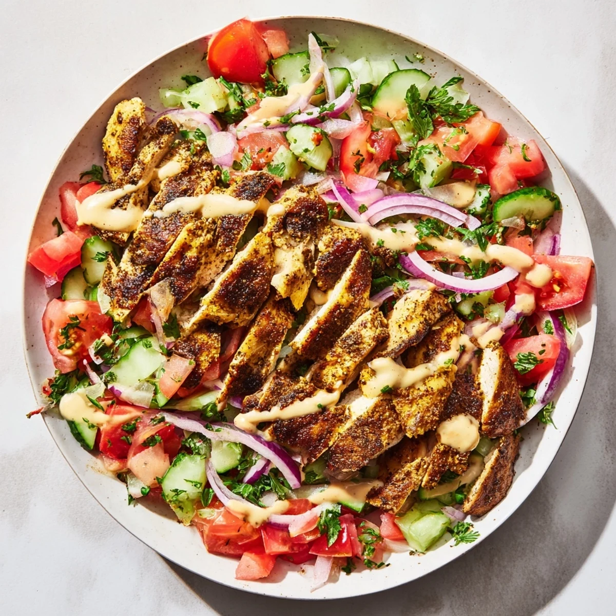 This chicken shawarma salad features perfectly sliced, spiced chicken over fresh vegetables and creamy dressing.