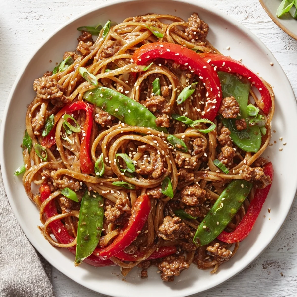 A steaming bowl of Sesame Hoisin Ground Chicken Pasta, ready to serve with fresh green onions.