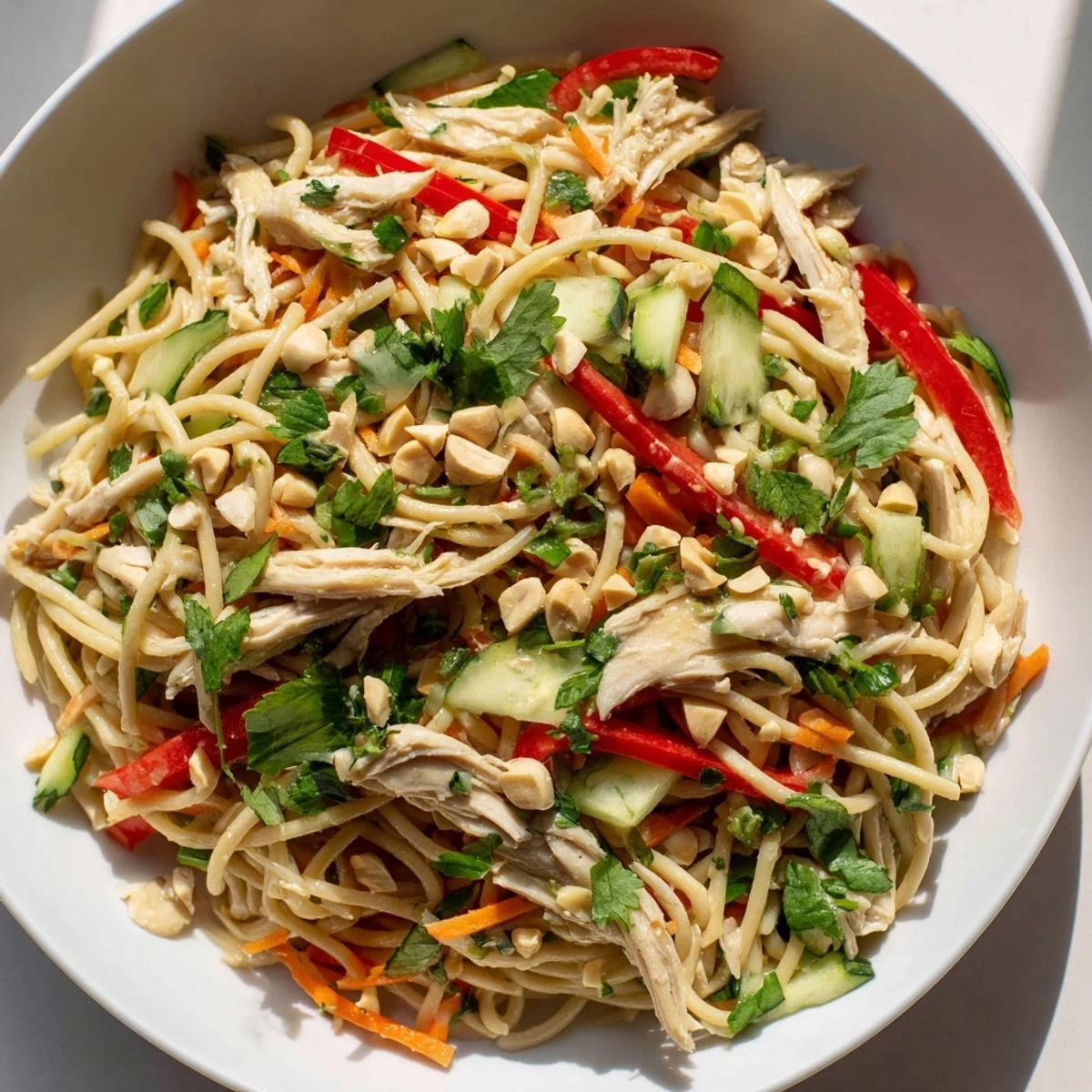 Creamy Thai-Inspired Peanut Chicken Pasta, loaded with fresh veggies and a zesty peanut sauce.