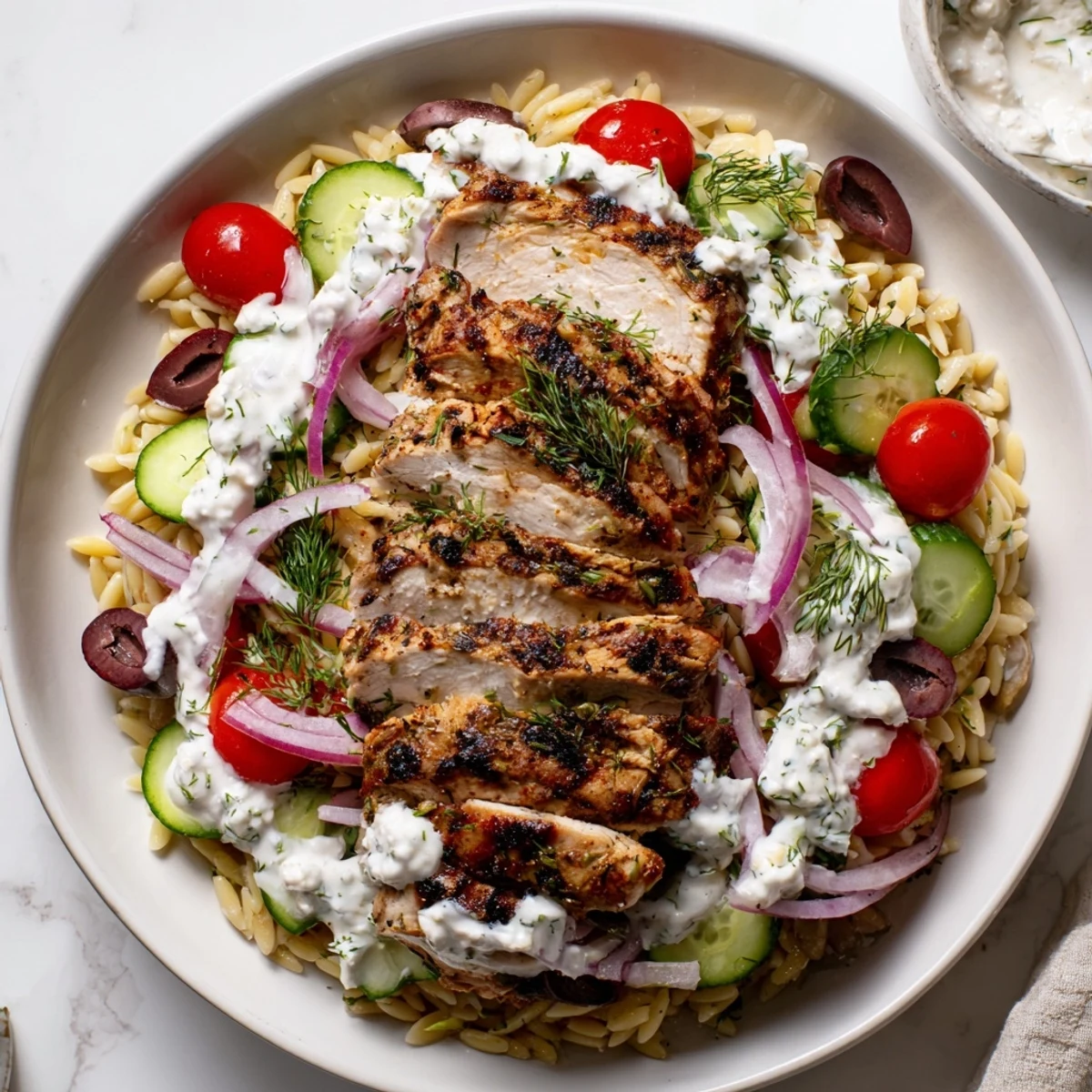 A delicious Greek Chicken Gyro Pasta Bowl, featuring grilled chicken and fresh vegetables.
