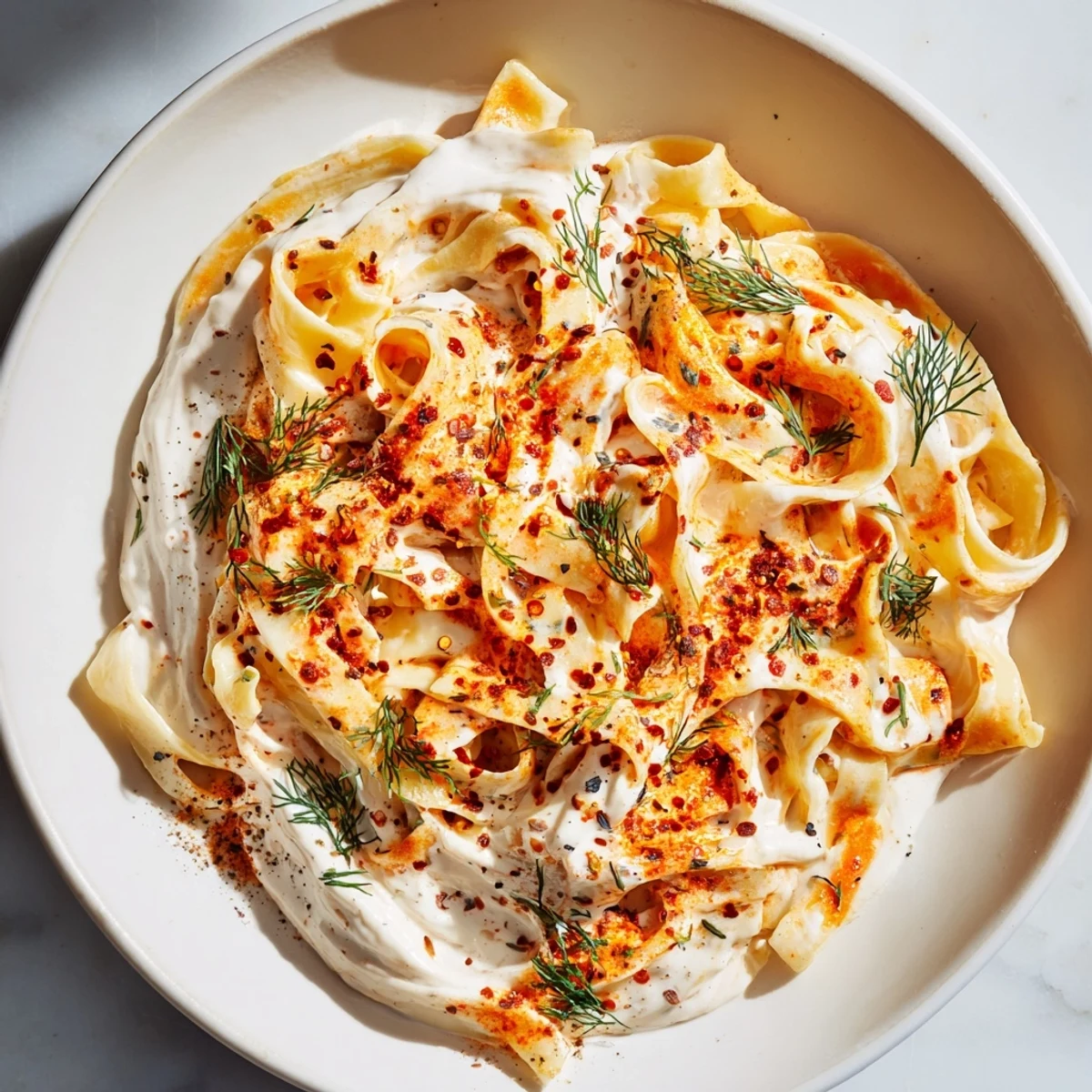 Creamy Turkish Pasta with Paprika Butter, served and garnished with fresh herbs alongside.