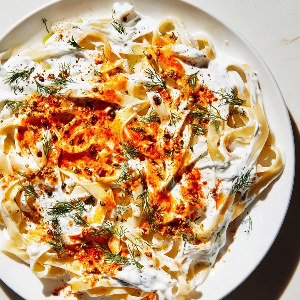 A close-up of Turkish Pasta with Paprika Butter, showcasing the rich, red chili butter.