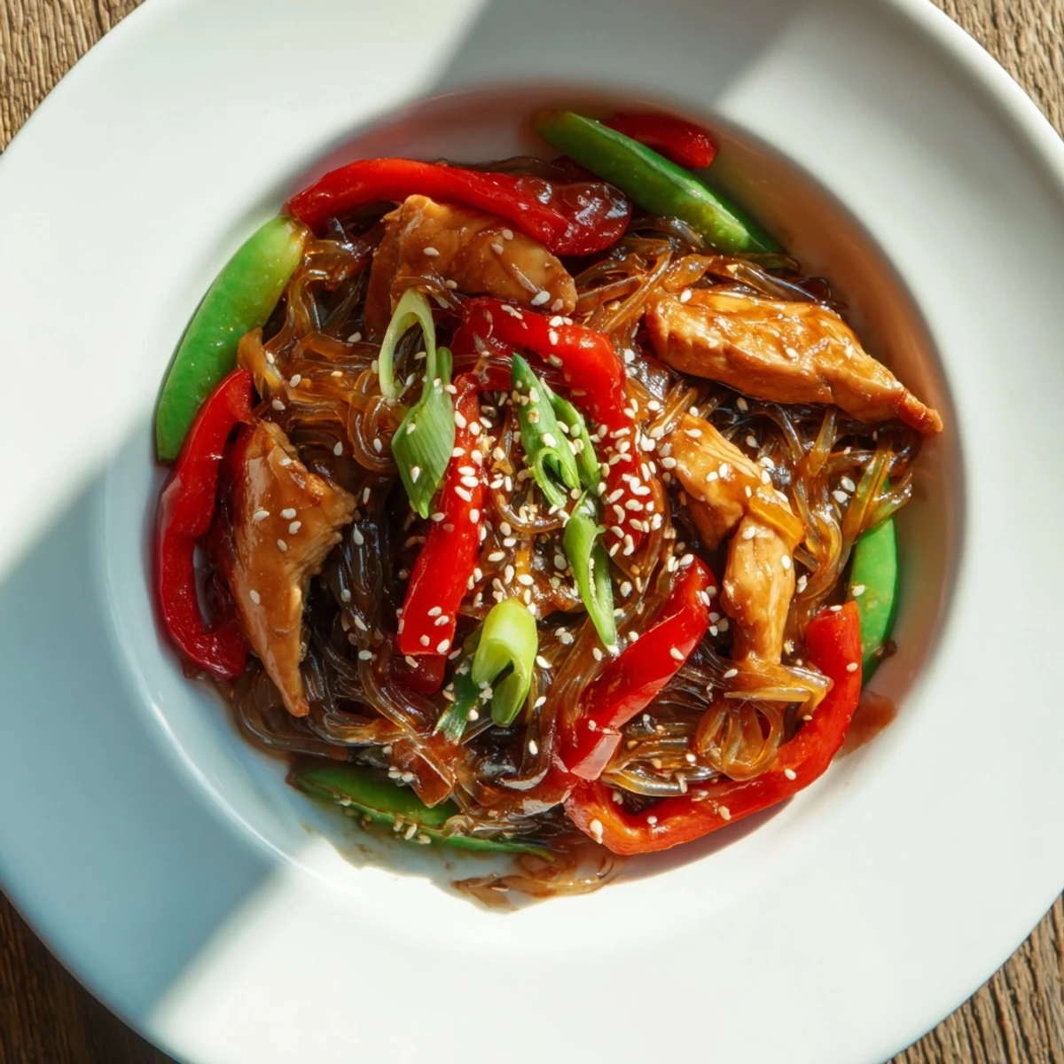 Mongolian chicken with vibrant veggies and rice noodles, a delicious stir-fry for dinner.