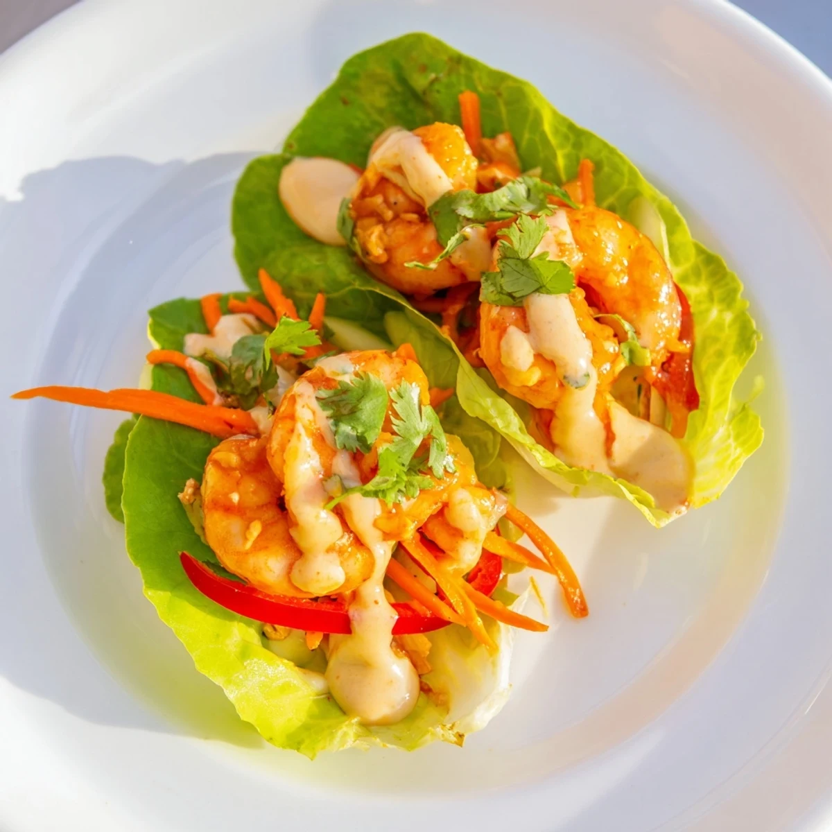 Spicy shrimp lettuce cups are filled with colorful vegetables, perfect for a refreshing meal.