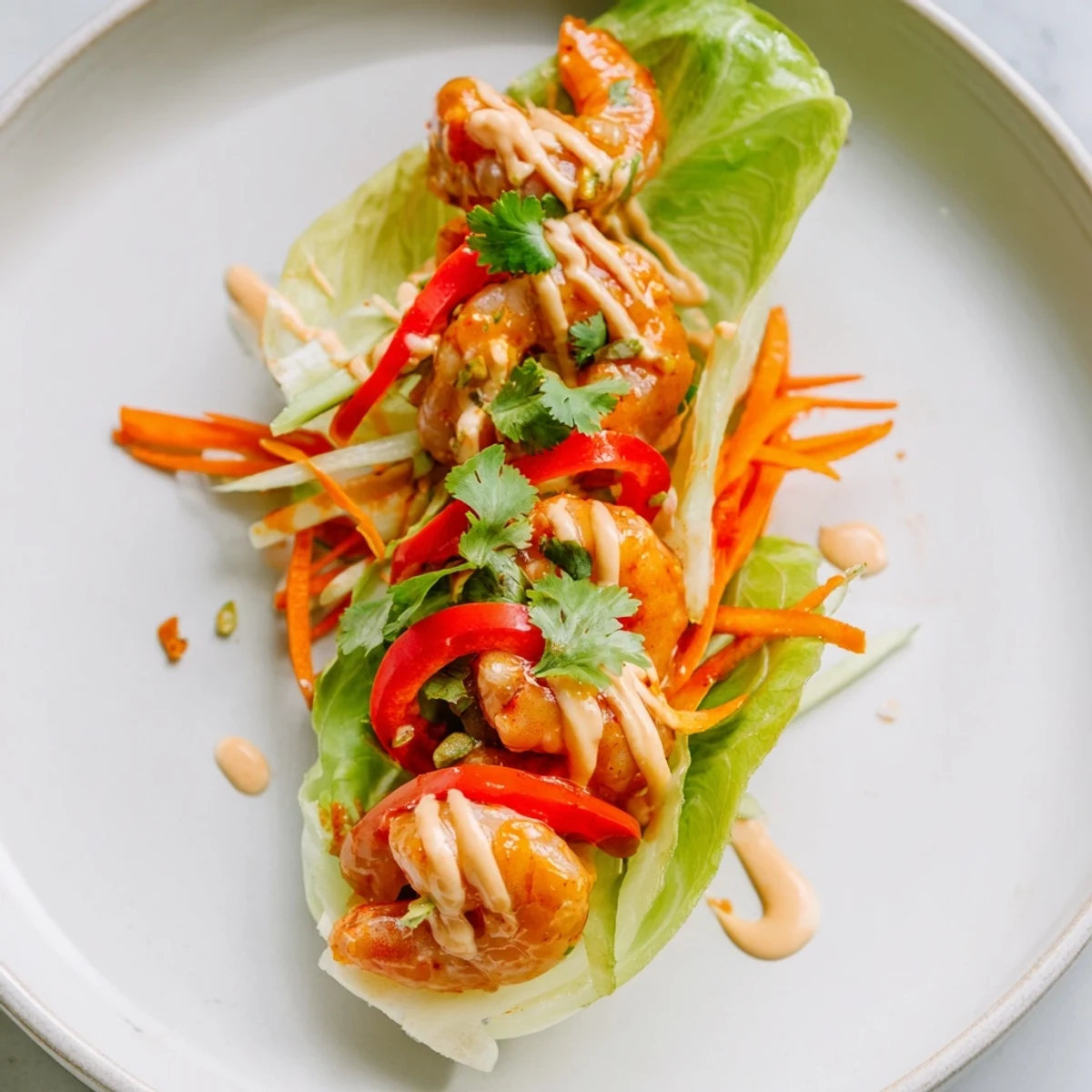 Freshly made shrimp lettuce cups, a low-carb appetizer or light dinner, ready to eat.