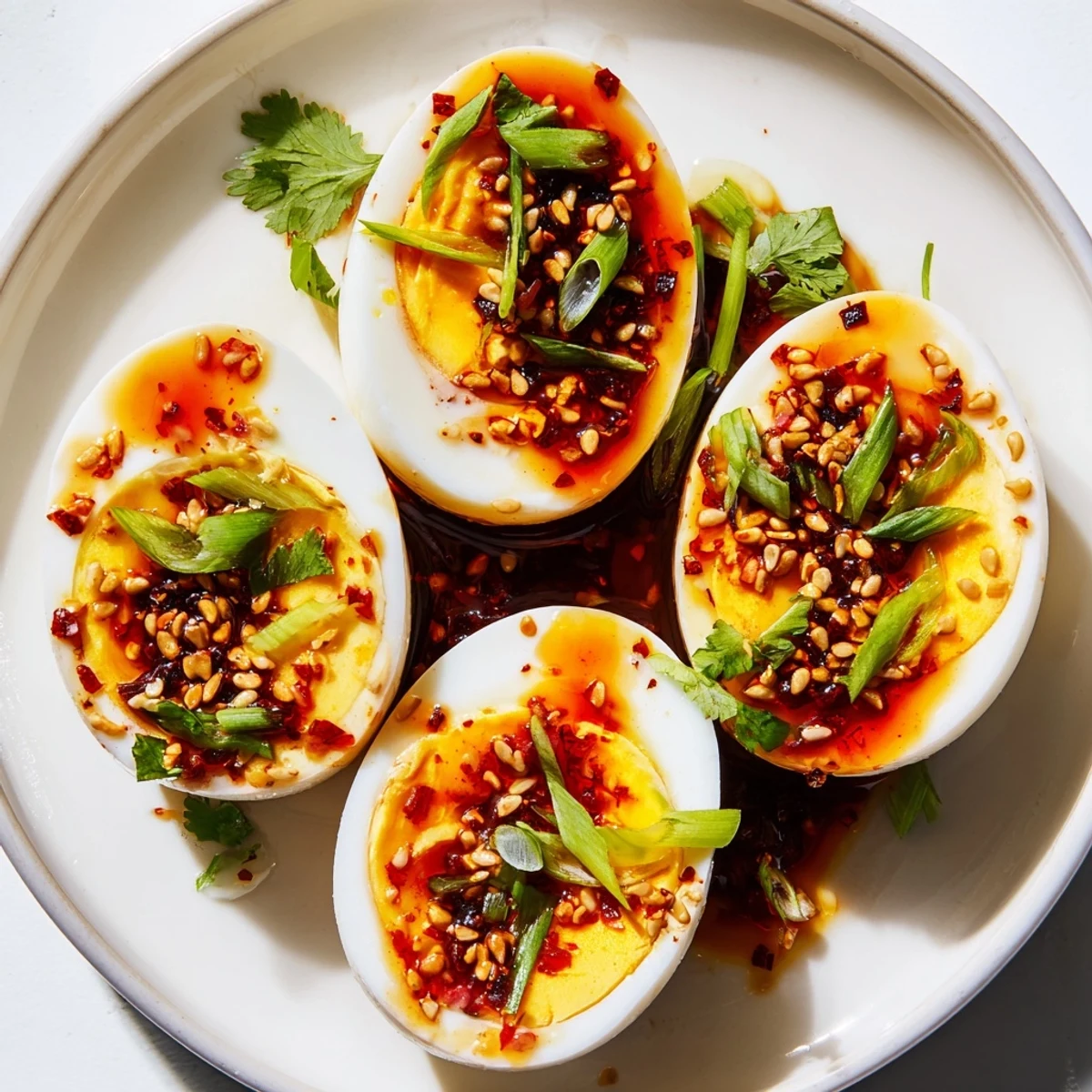 Golden jammy Chili Oil Eggs drizzled with vibrant red chili oil, a delicious Asian-inspired breakfast.