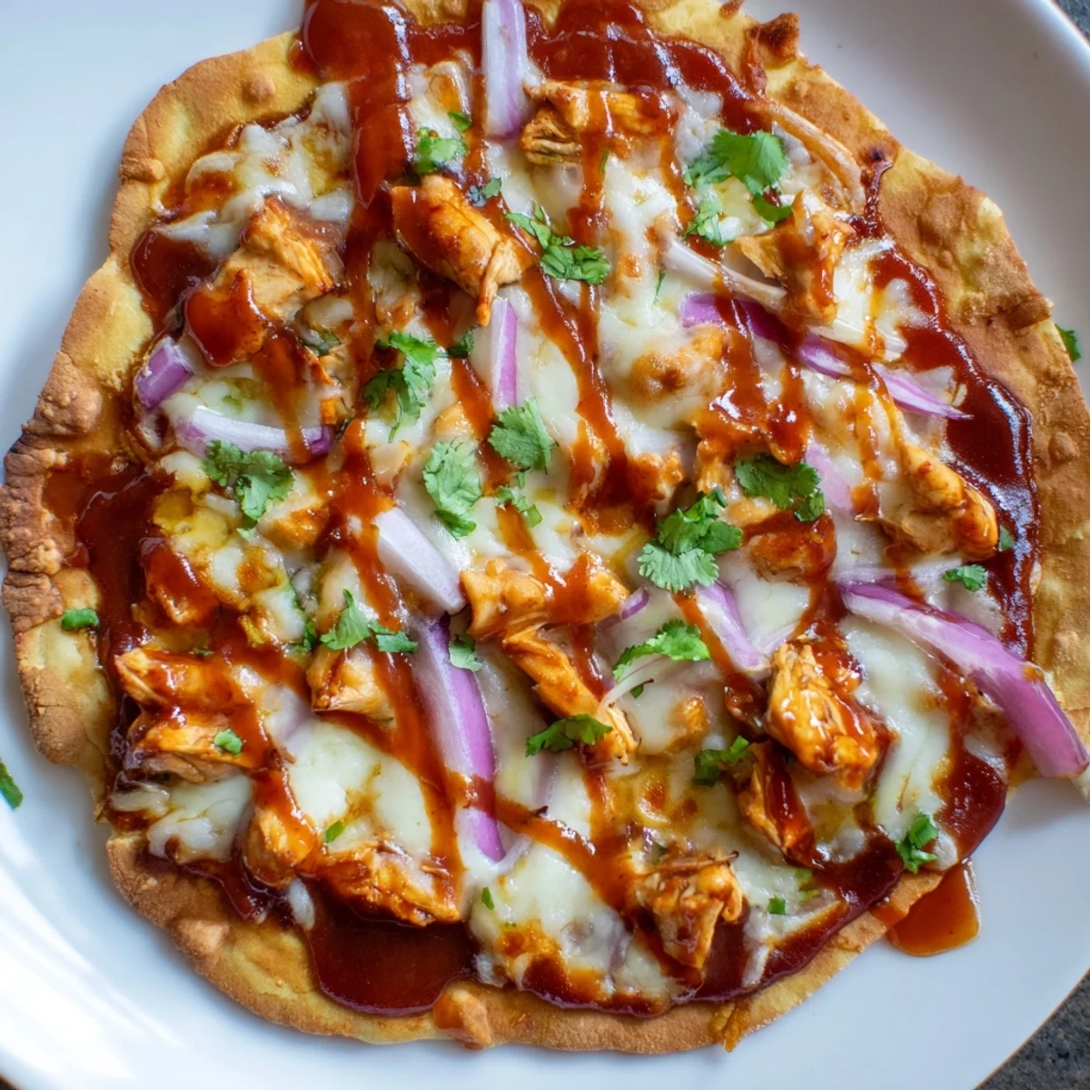 Crispy BBQ Chicken Flatbread, a delicious meal with melted cheese and fresh cilantro.