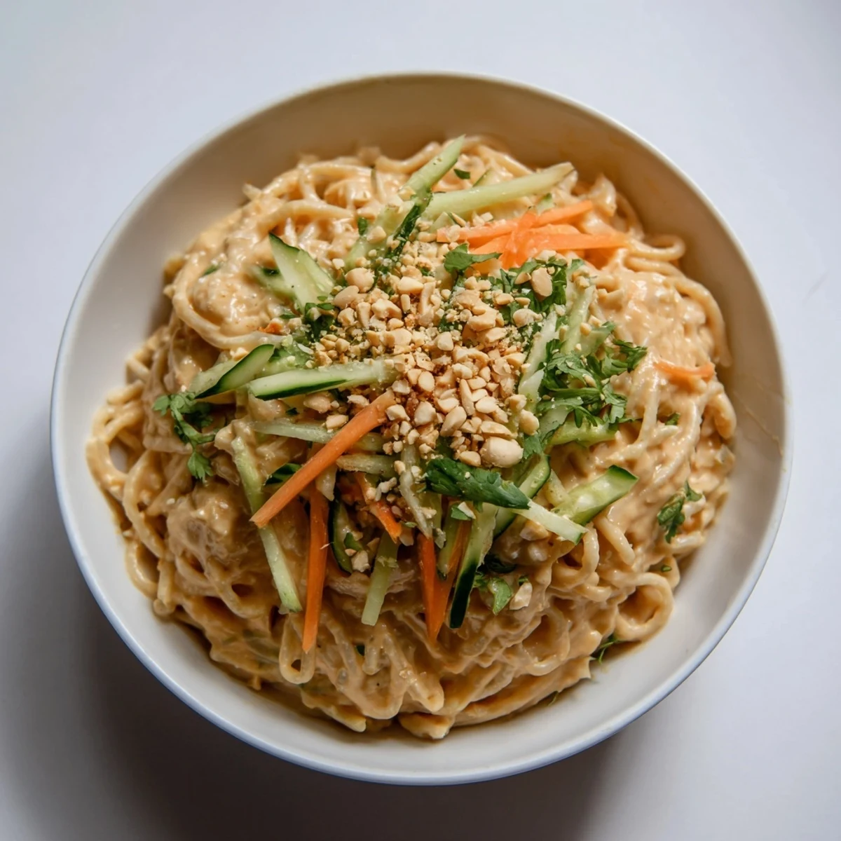 Cold Sesame Noodles swirled with vibrant, crunchy vegetables, ready to be enjoyed as a refreshing lunch.