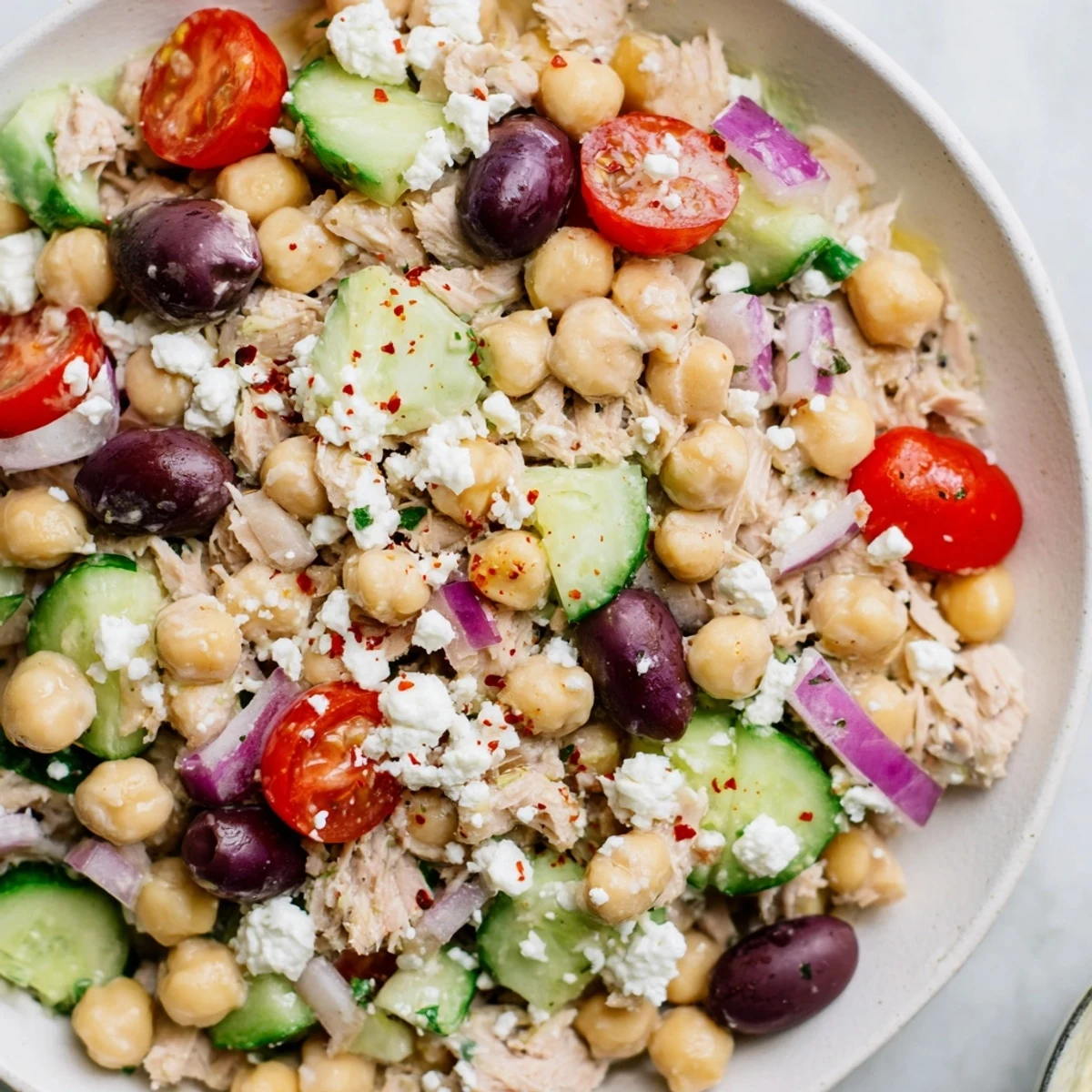 A vibrant bowl of Tuna Chickpea Salad, bursting with fresh veggies and zesty lemon dressing.