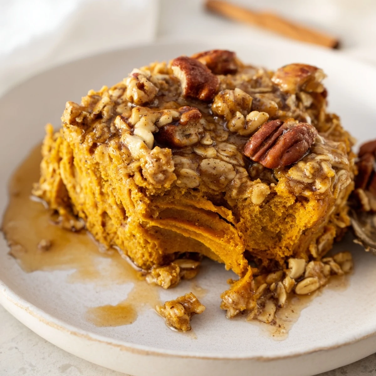 Creamy pumpkin spice baked oats, warm and golden from the oven, topped with crunchy pecans.
