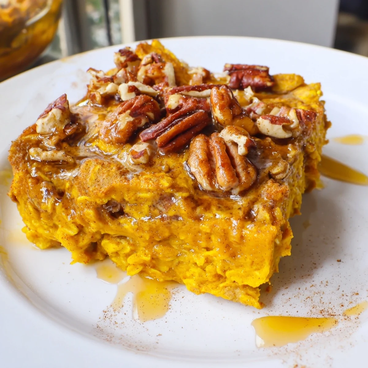 A single serving of fluffy pumpkin spice baked oats, perfect for a cozy fall breakfast spread.