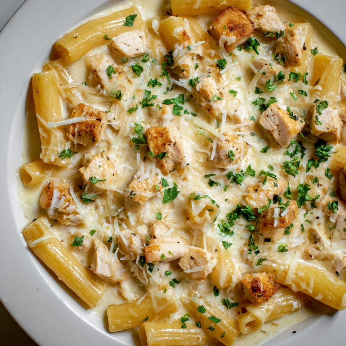 Golden, bubbly Chicken Alfredo Bake with tender chicken and creamy, cheesy goodness, ready to serve.