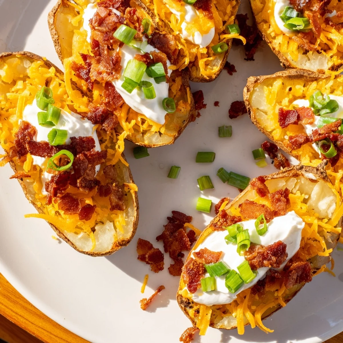 Knusprige, gefüllte Loaded Baked Potato Skins mit geschmolzenem Käse und knusprigem Speck.