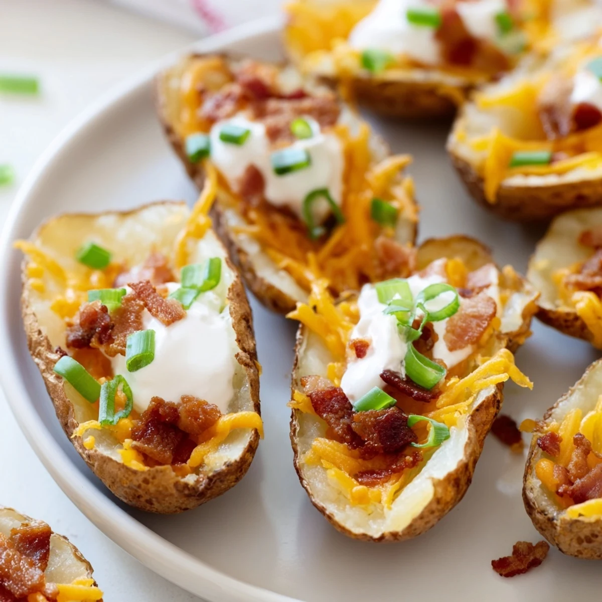 Die Loaded Baked Potato Skins sind goldbraun gebacken, mit schmelzendem Käse und frischen Kräutern.